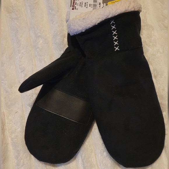 Isotoner Black Mittens, White X Stitching And Fleece Lining, S/M, SmartDri - Picture 3 of 9